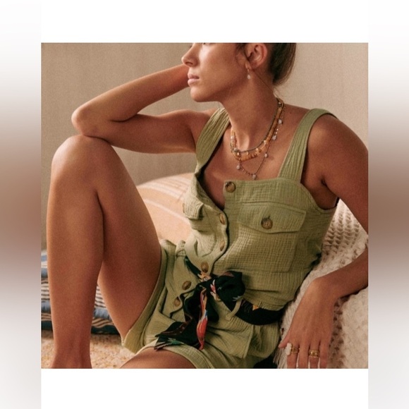 SEZANE Federica Sage Green Sleeveless Belted Romper Sz 4/36 - Picture 1 of 13